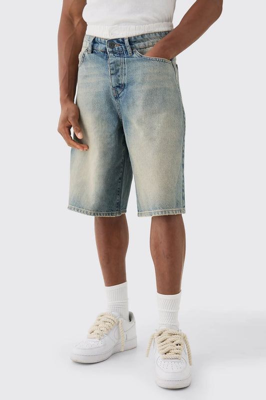 Double Waist Band Denim Jorts In Light Blue