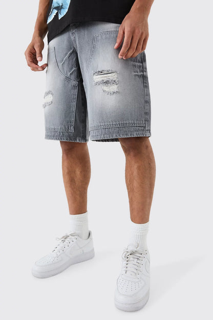 Ripped Carpenter Denim Jorts In Grey