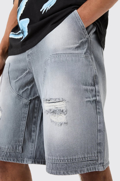 Ripped Carpenter Denim Jorts In Grey