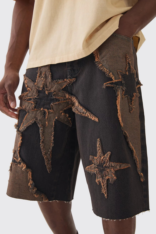 Regular Rigid Star Applique Denim Jorts In Brown