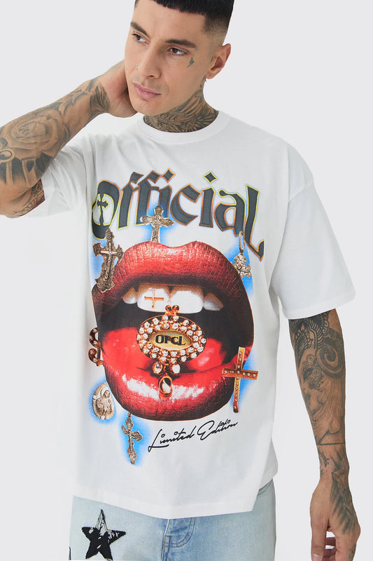 Tall Official Lips Print Oversized T-shirt in White