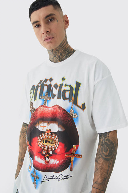 Tall Official Lips Print Oversized T-shirt in White